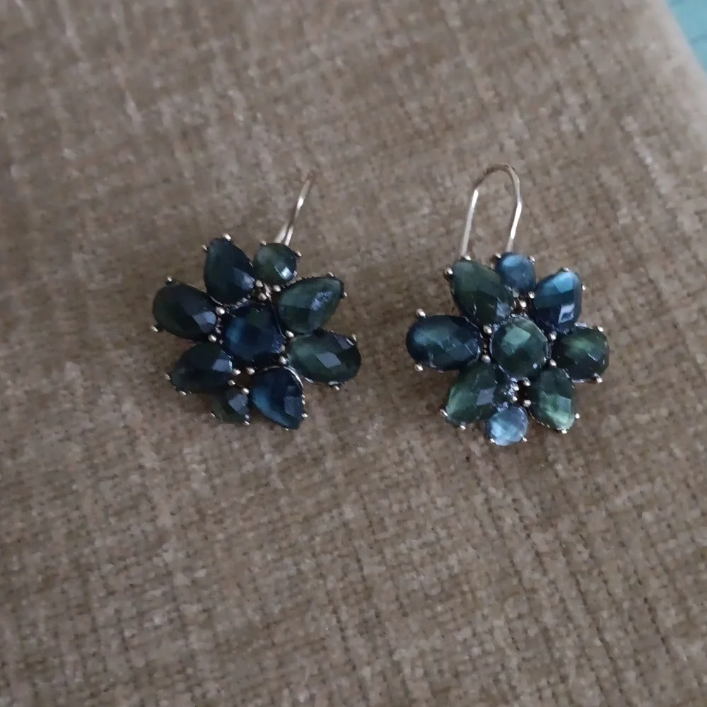 Liz Claiborne Gold Tone Blue/Green Rhinestone Flower Drop Earrings